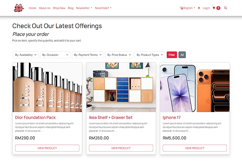 Gifts Store Products page