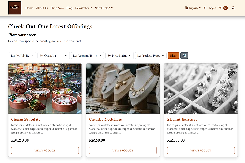 Jewelry Store Products Page